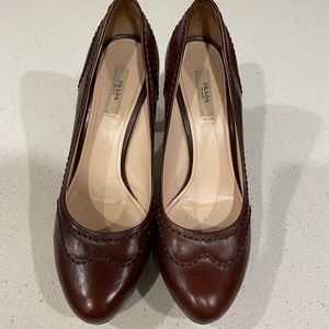 Brown Bordeaux Prada Heels with Brogue Stitching